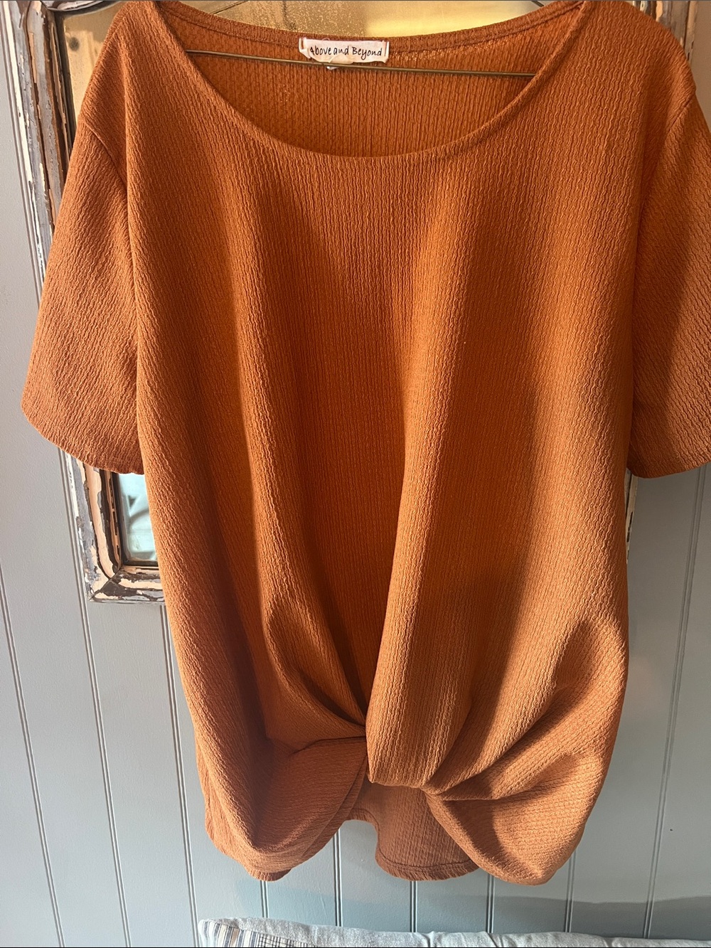 Above and Beyond Women's Twist-Hem Short Sleeve Top — Rust. Perfect for Fall